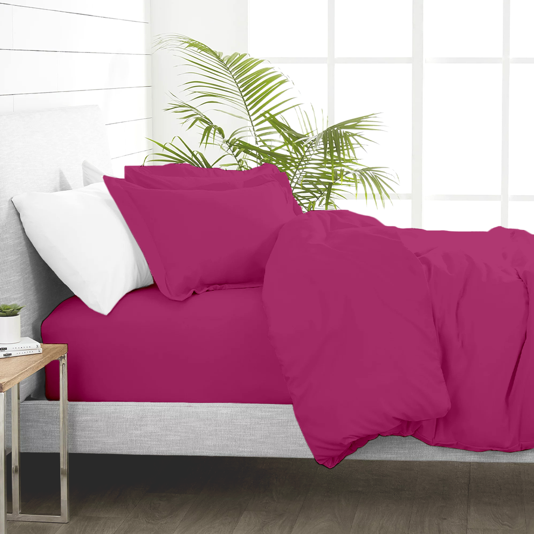 Solid Hot Pink Duvet Cover Set with Fitted Sheet Comfy