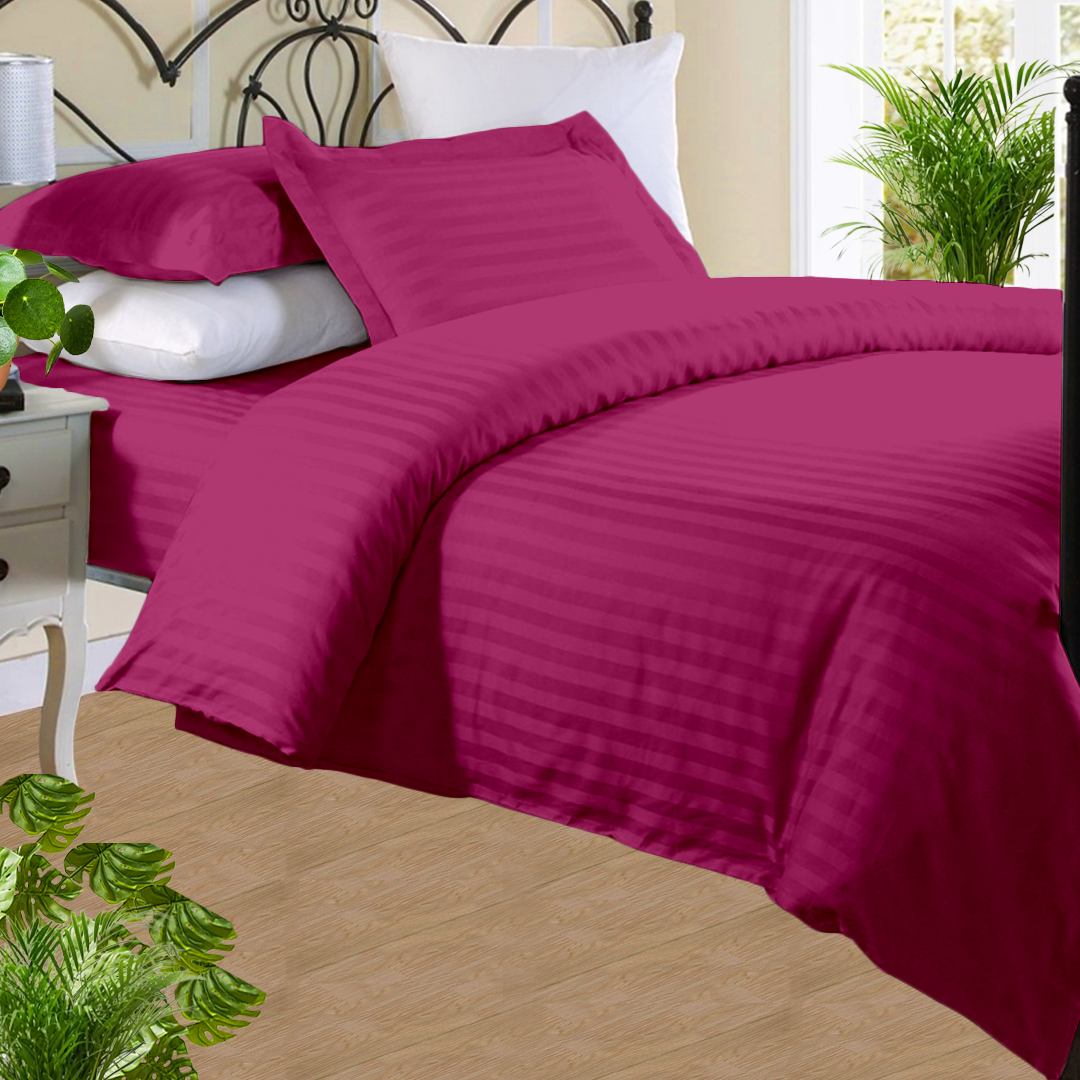 Hot Pink Stripe Duvet Cover Set with Fitted Sheet Sateen Comfy