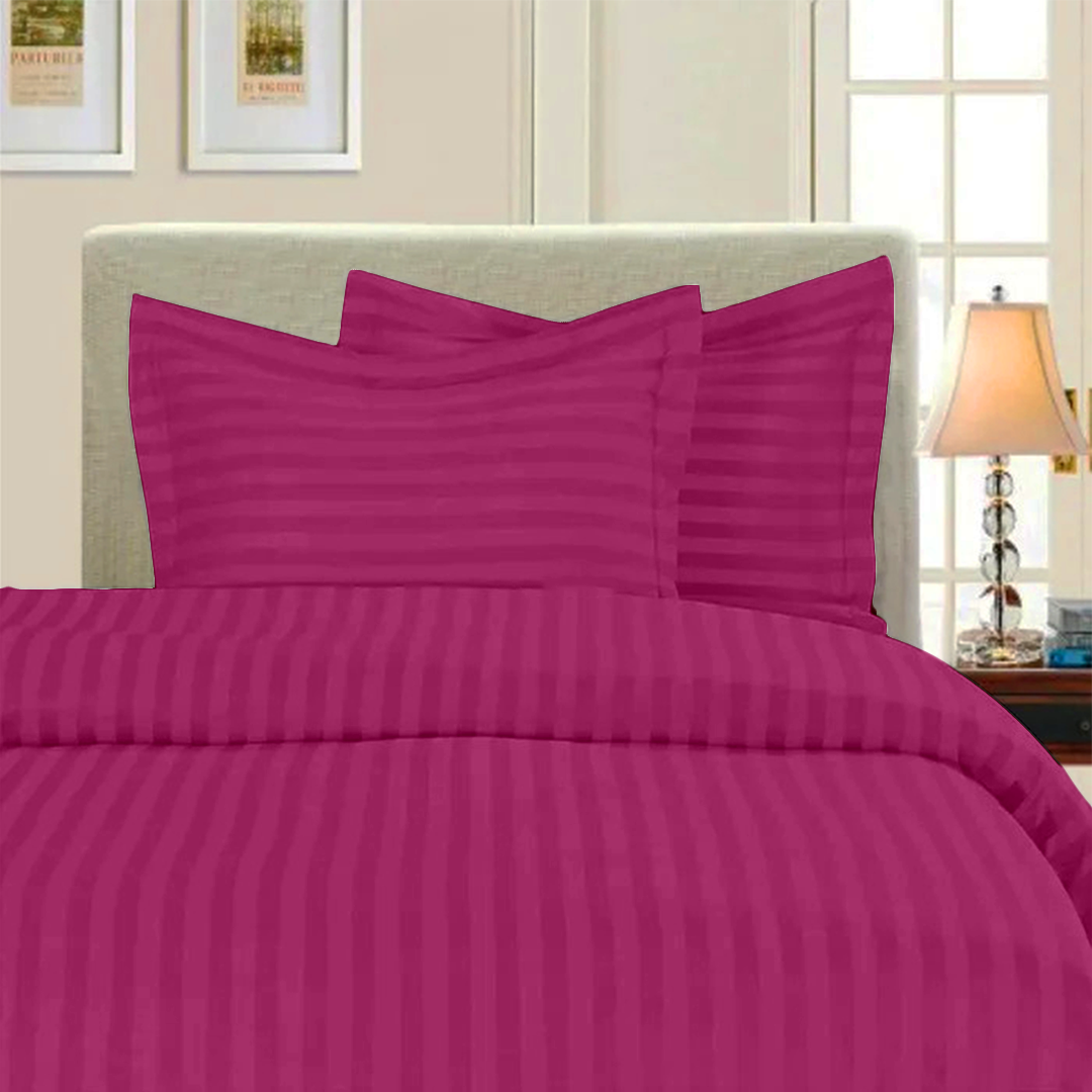 Hot Pink Stripe Duvet Cover Set with Fitted Sheet Sateen Comfy