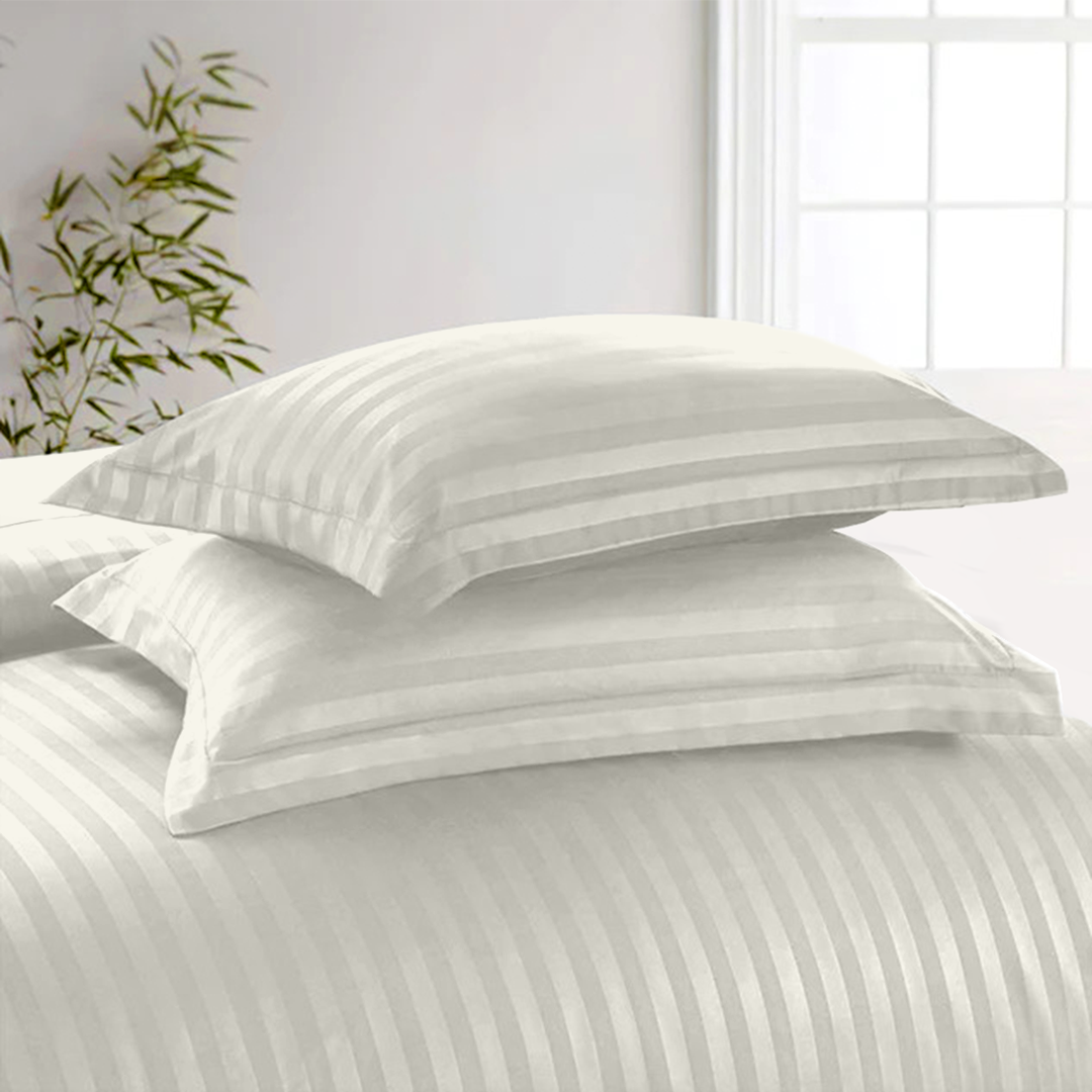 Ivory Stripe Duvet Cover Set with Fitted Sheet Sateen Comfy