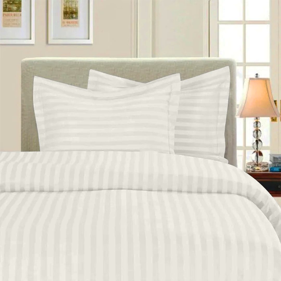 Ivory Stripe Duvet Cover Set with Fitted Sheet Sateen Comfy