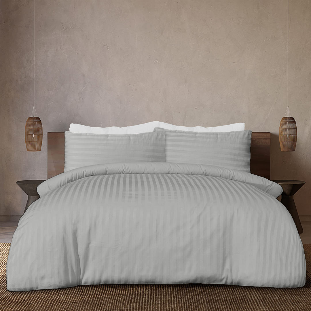 Light Grey Stripe Duvet Cover Set Sateen Comfy