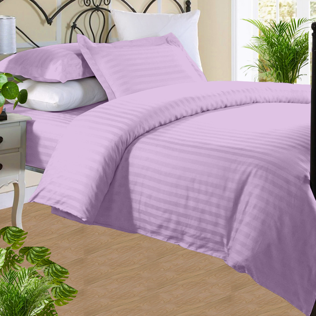 Lilac Stripe Duvet Cover Set with Fitted Sheet Sateen Comfy