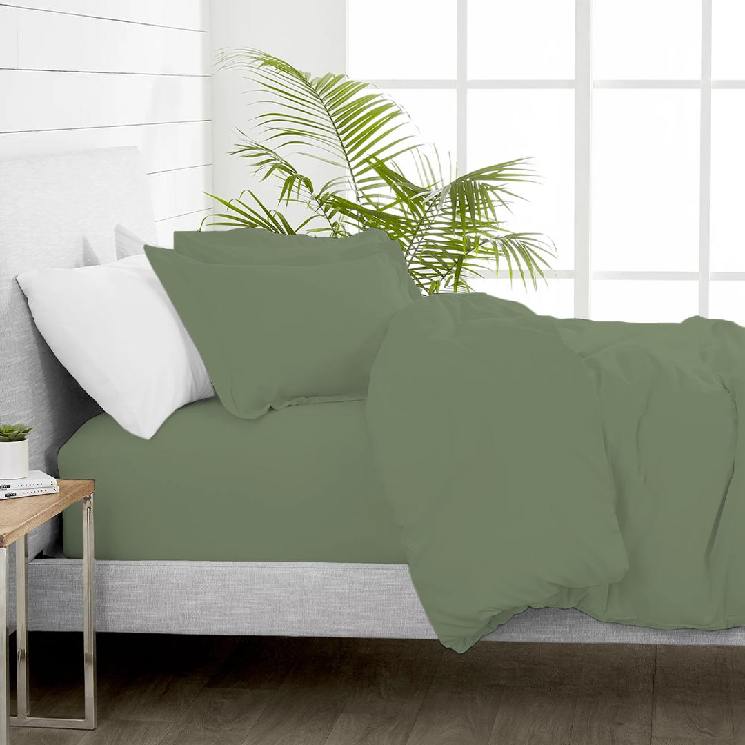 Solid Moss Green Duvet Cover Set with Fitted Sheet Comfy