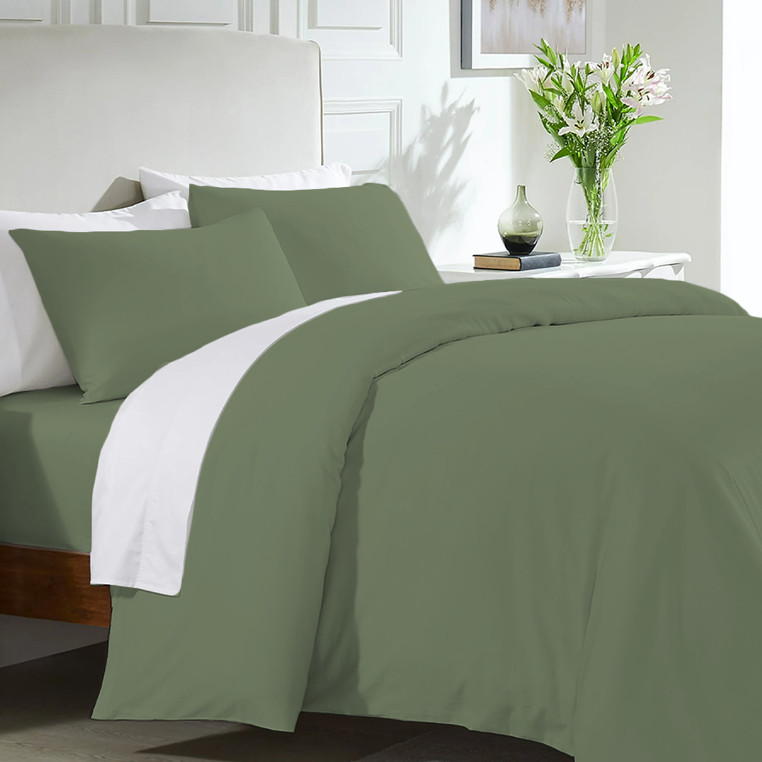 Solid Moss Green Duvet Cover Set with Fitted Sheet Comfy