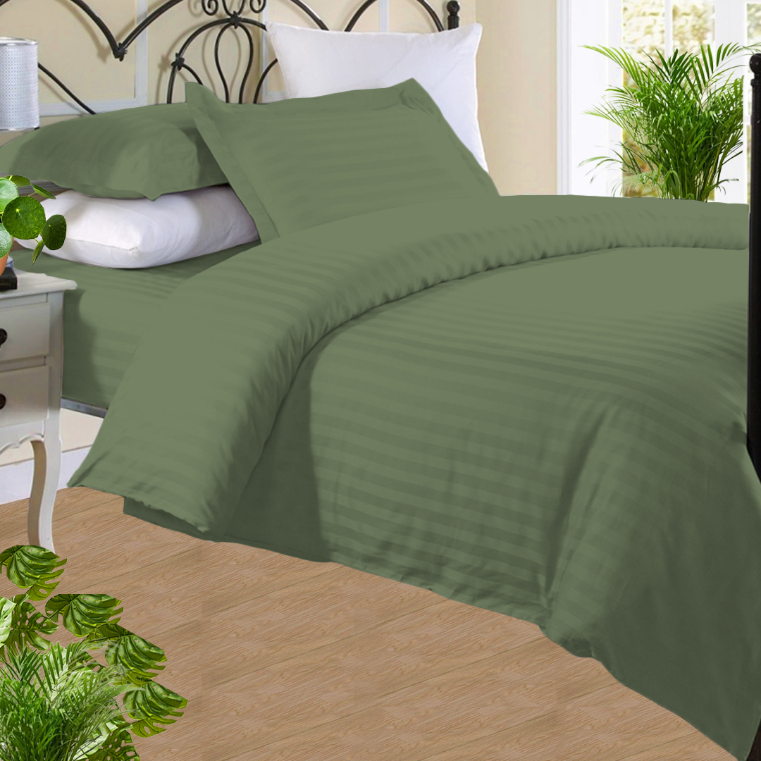 Moss Green Stripe Duvet Cover Set with Fitted Sheet Sateen Comfy