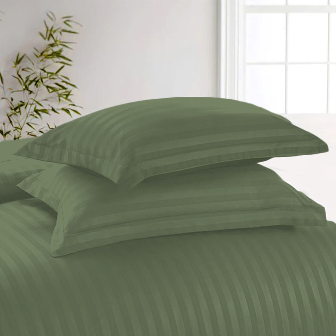 Moss Green Stripe Duvet Cover Set with Fitted Sheet Sateen Comfy