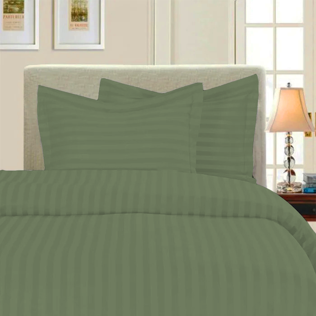 Moss Green Stripe Duvet Cover Set with Fitted Sheet Sateen Comfy