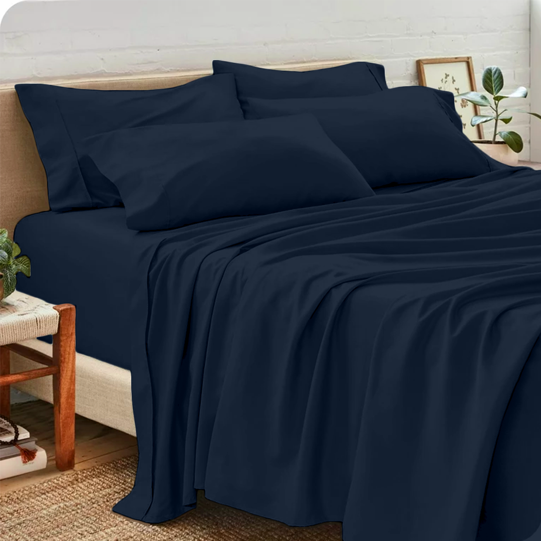 Navy Blue Sheet Set with Extra Pillowcase Solid Bliss Sateen