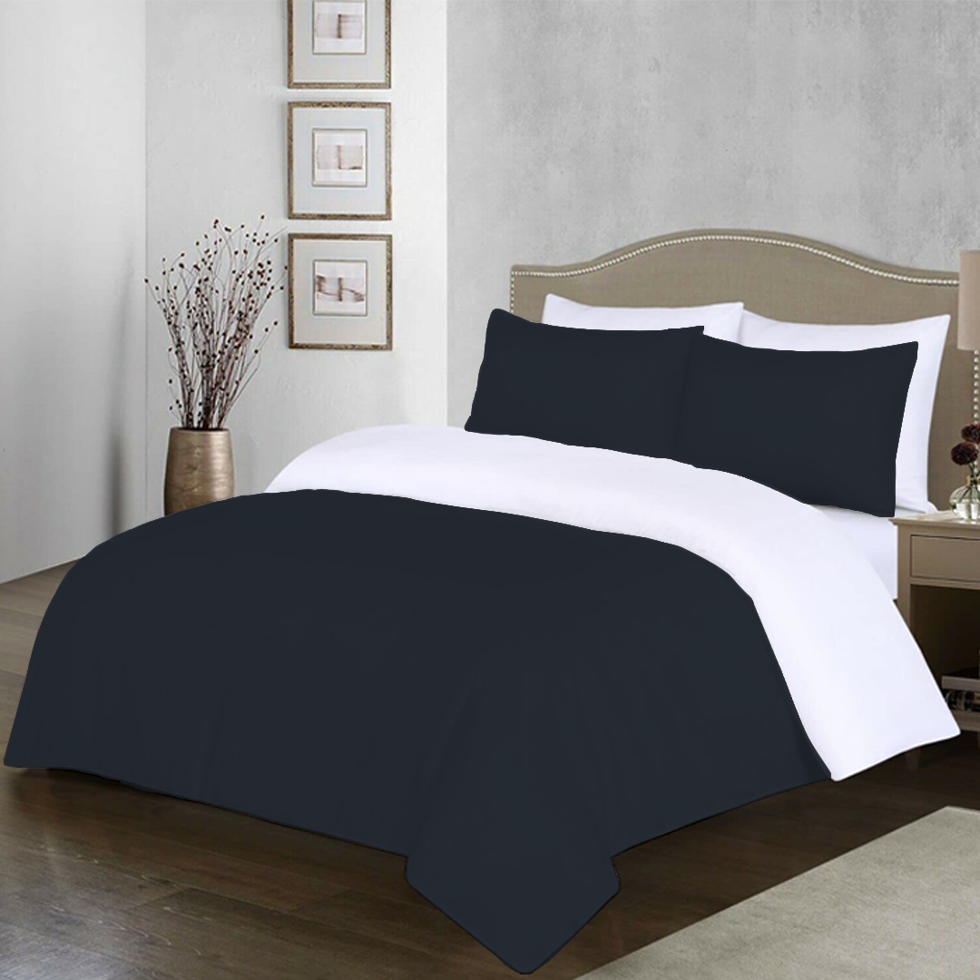 Navy Blue and White Reversible Duvet Set Solid Sateen