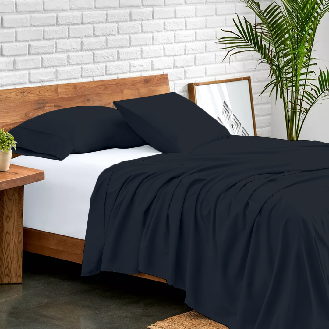 Navy Blue Flat Sheet with Pillowcase Bliss Solid Sateen