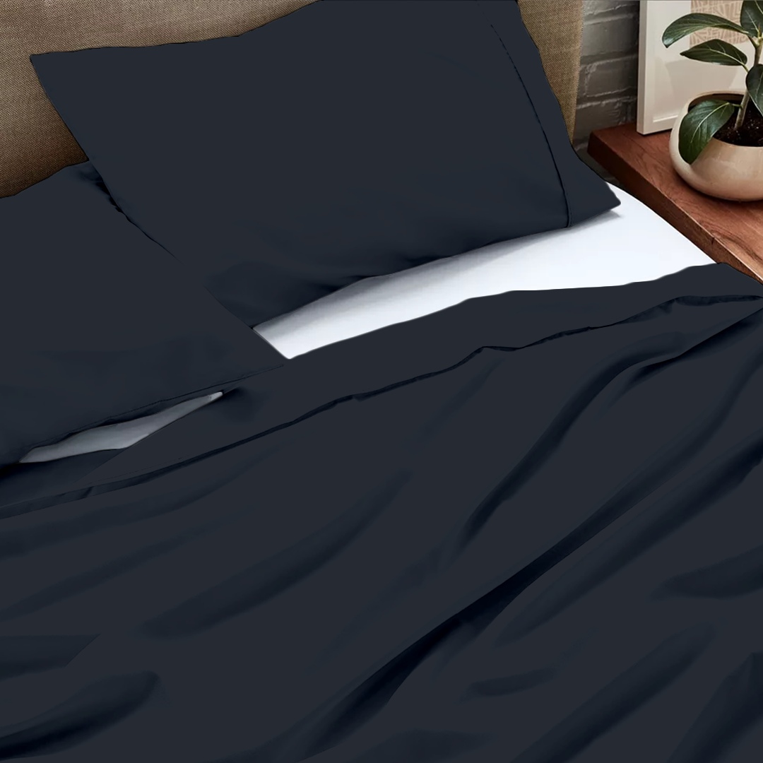 Navy Blue Flat Sheet with Pillowcase Bliss Solid Sateen