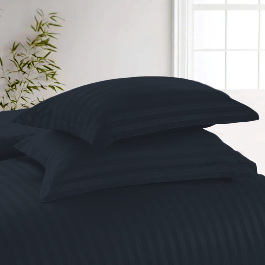 Navy Blue Stripe Duvet Cover Set with Fitted Sheet Sateen Comfy