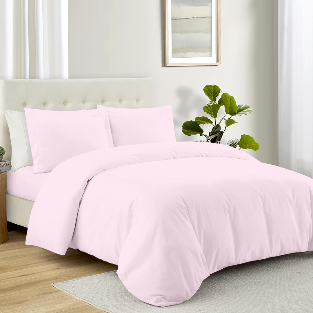 Pink Duvet Cover Set with Fitted Sheet Solid Comfy Sateen