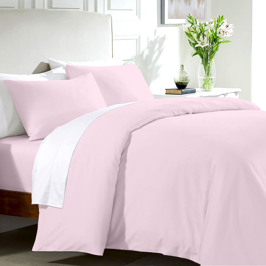 Pink Duvet Cover Set with Fitted Sheet Solid Comfy Sateen