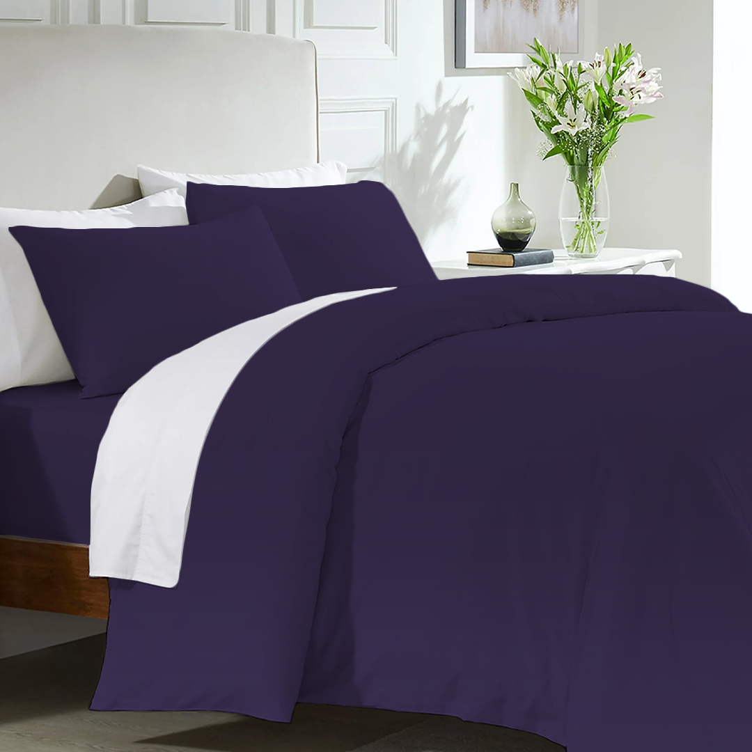 Purple Duvet Cover Set with Fitted Sheet Solid Comfy Sateen