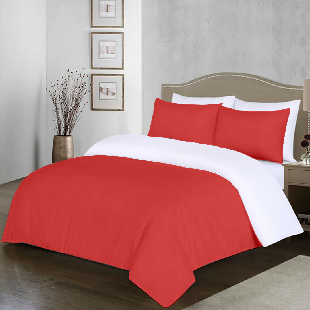 Red and White Reversible Duvet Cover Set Solid Comfy Sateen