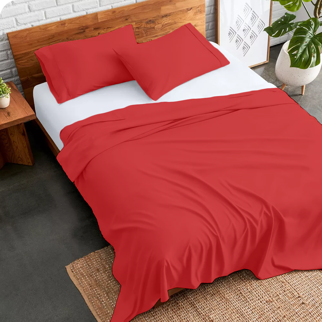 Red Flat Sheet with Pillowcase Comfy Solid Sateen