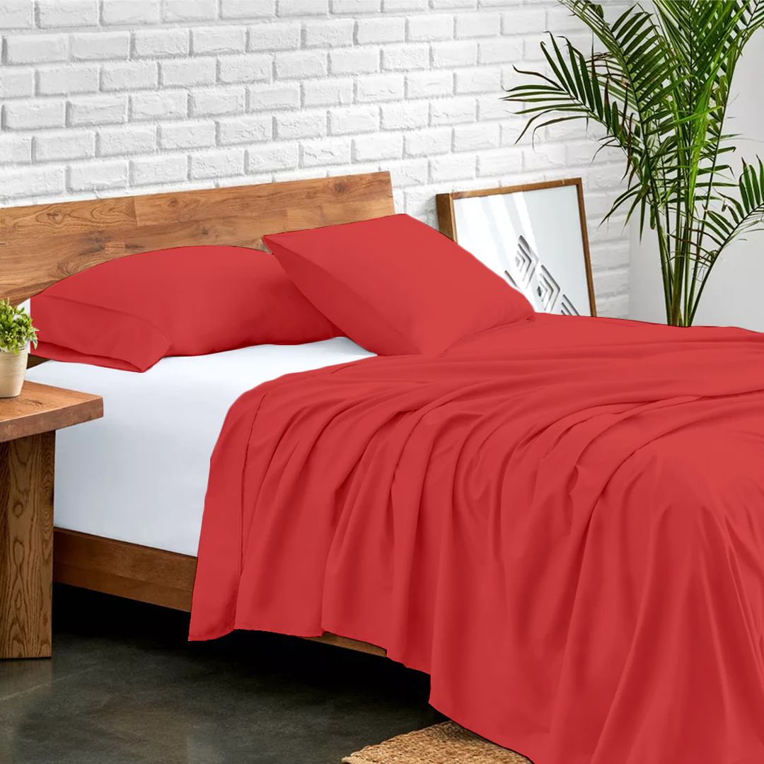 Red Flat Sheet with Pillowcase Comfy Solid Sateen