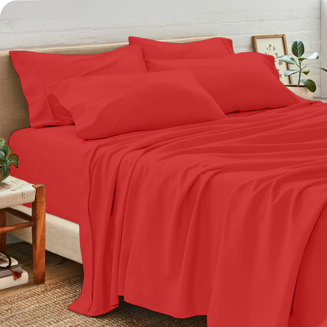 Red Sheet Set With Extra Pillowcase Comfy Solid Sateen