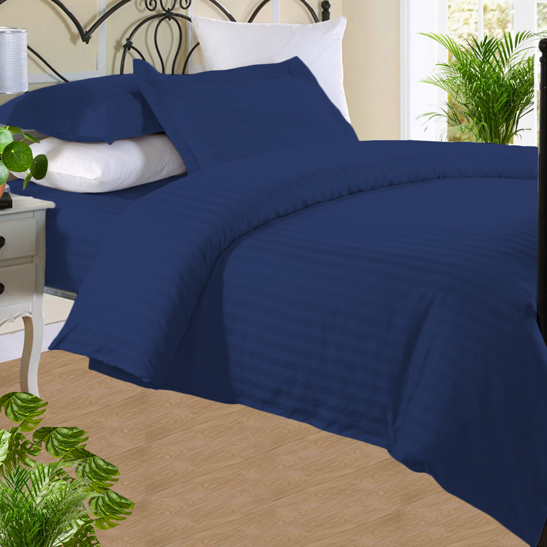 Royal Blue Stripe Duvet Cover Set  with Fitted Sheet Sateen Comfy