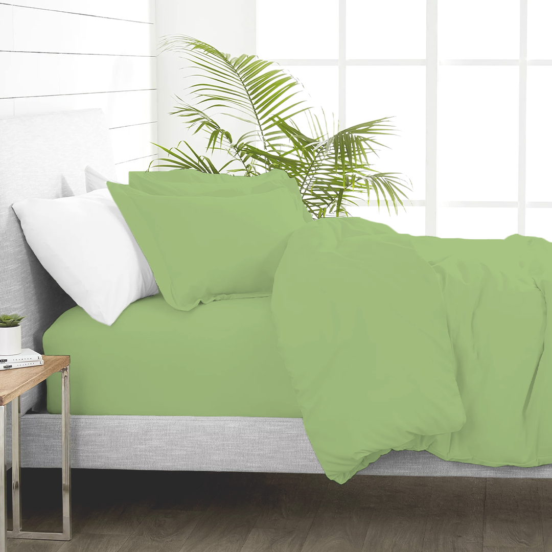 Sage Duvet Cover Set with Fitted Sheet Solid Comfy Sateen