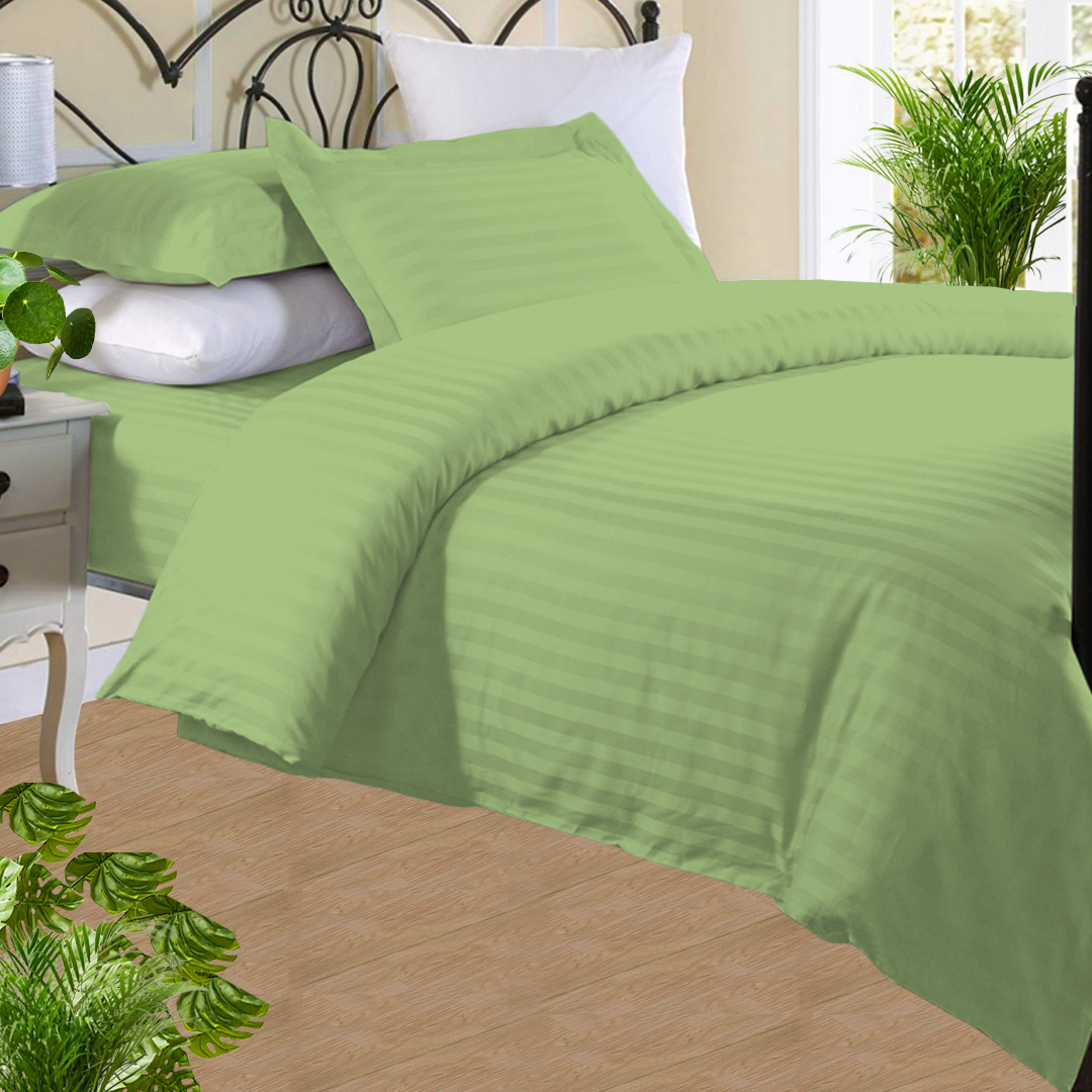 Sage Stripe Duvet Cover Set with Fitted Sheet Sateen Comfy