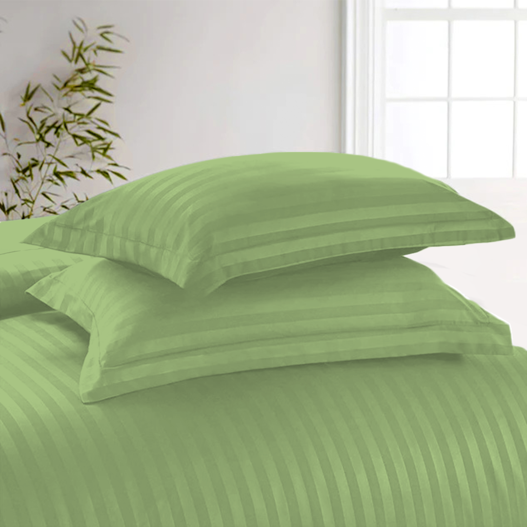 Sage Stripe Duvet Cover Set with Fitted Sheet Sateen Comfy