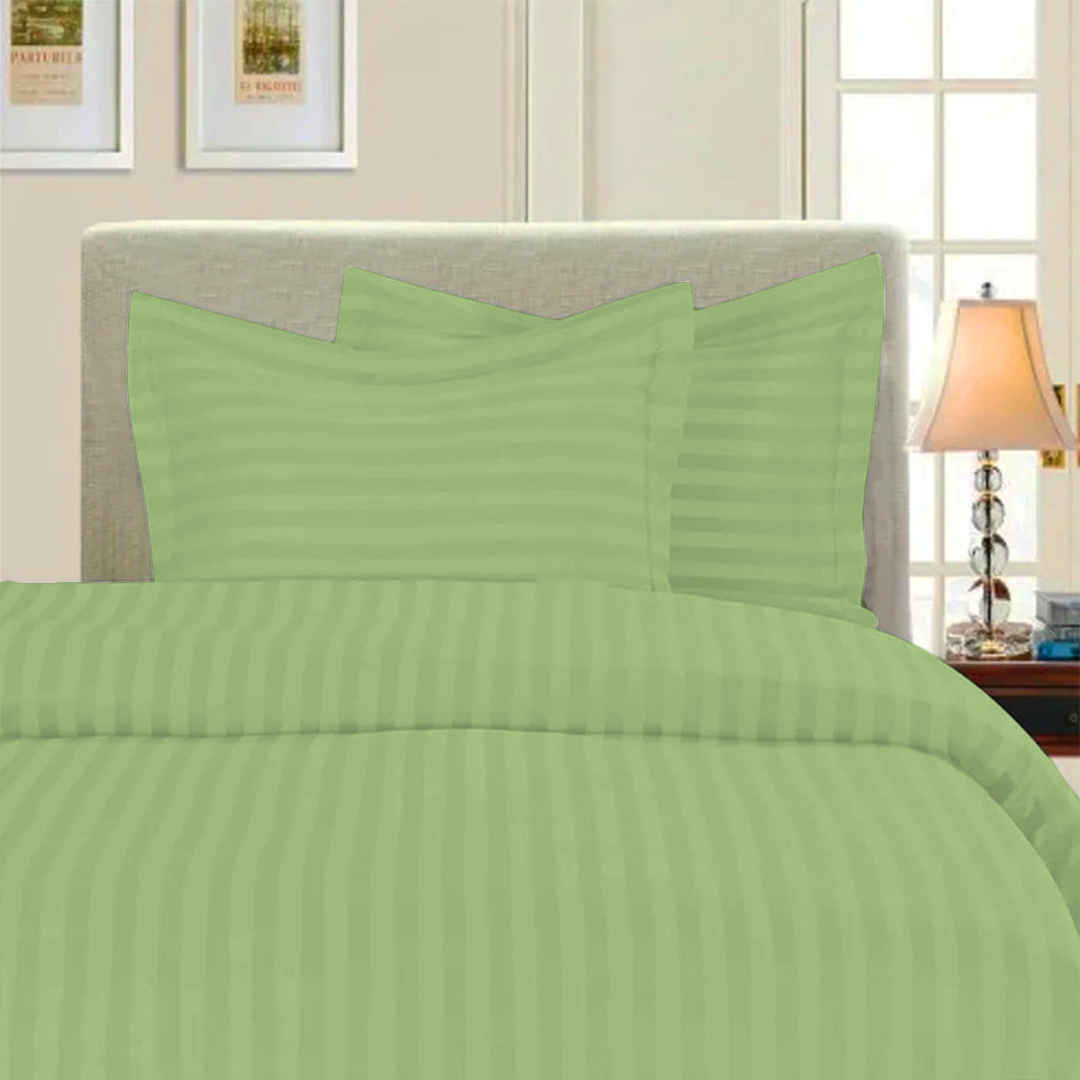 Sage Stripe Duvet Cover Set with Fitted Sheet Sateen Comfy