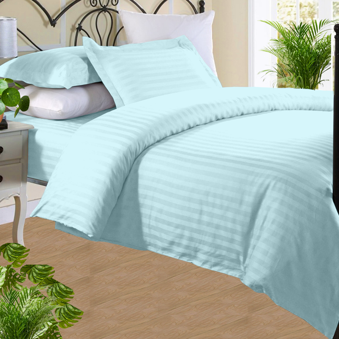 Light Blue Stripe Duvet Cover Set with Fitted Sheet Sateen Comfy