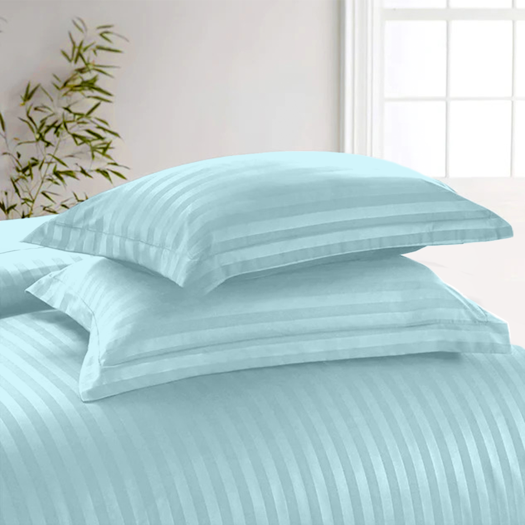 Light Blue Stripe Duvet Cover Set with Fitted Sheet Sateen Comfy