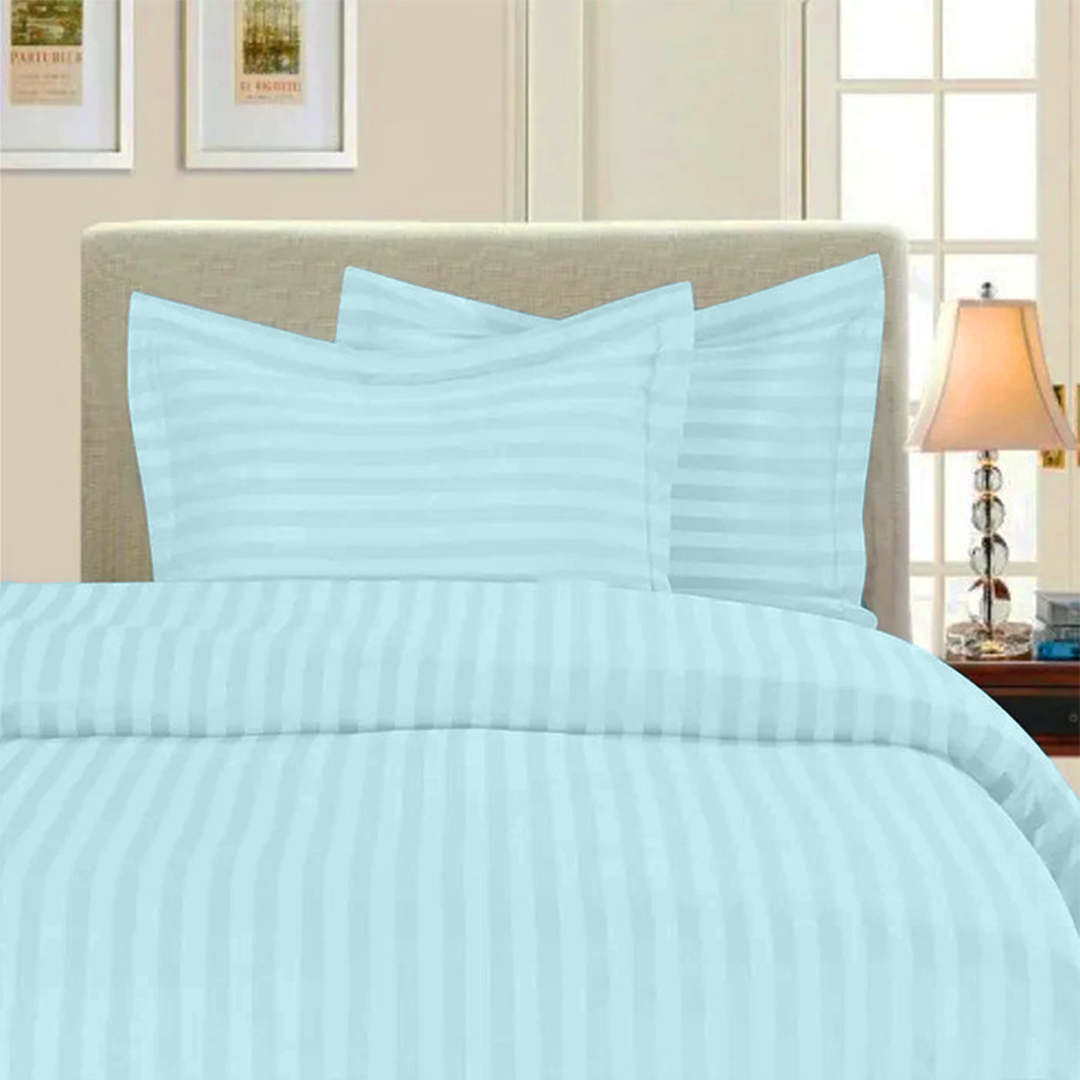 Light Blue Stripe Duvet Cover Set with Fitted Sheet Sateen Comfy