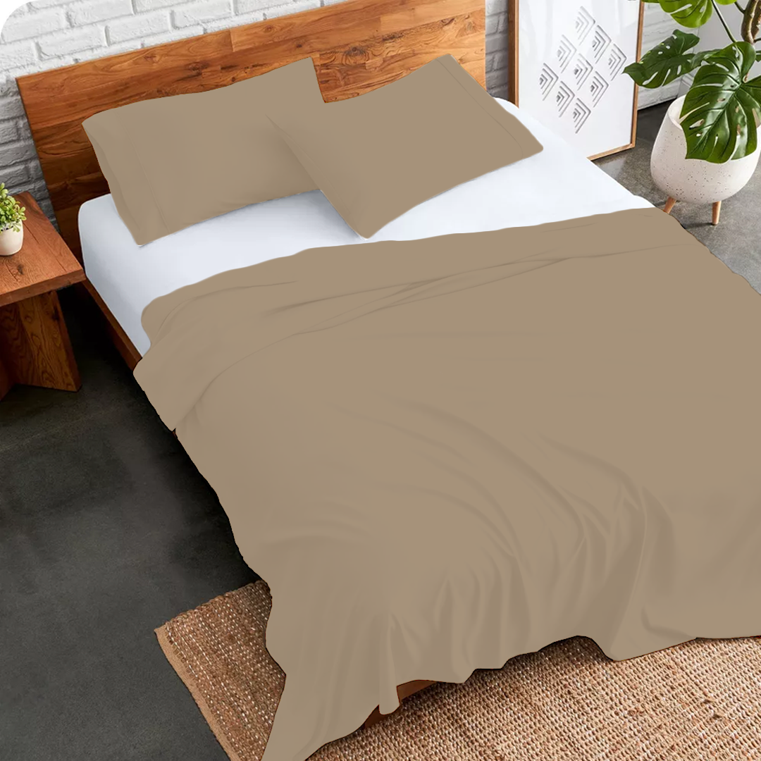 Taupe Flat Sheet with Pillowcase Bliss Solid Sateen