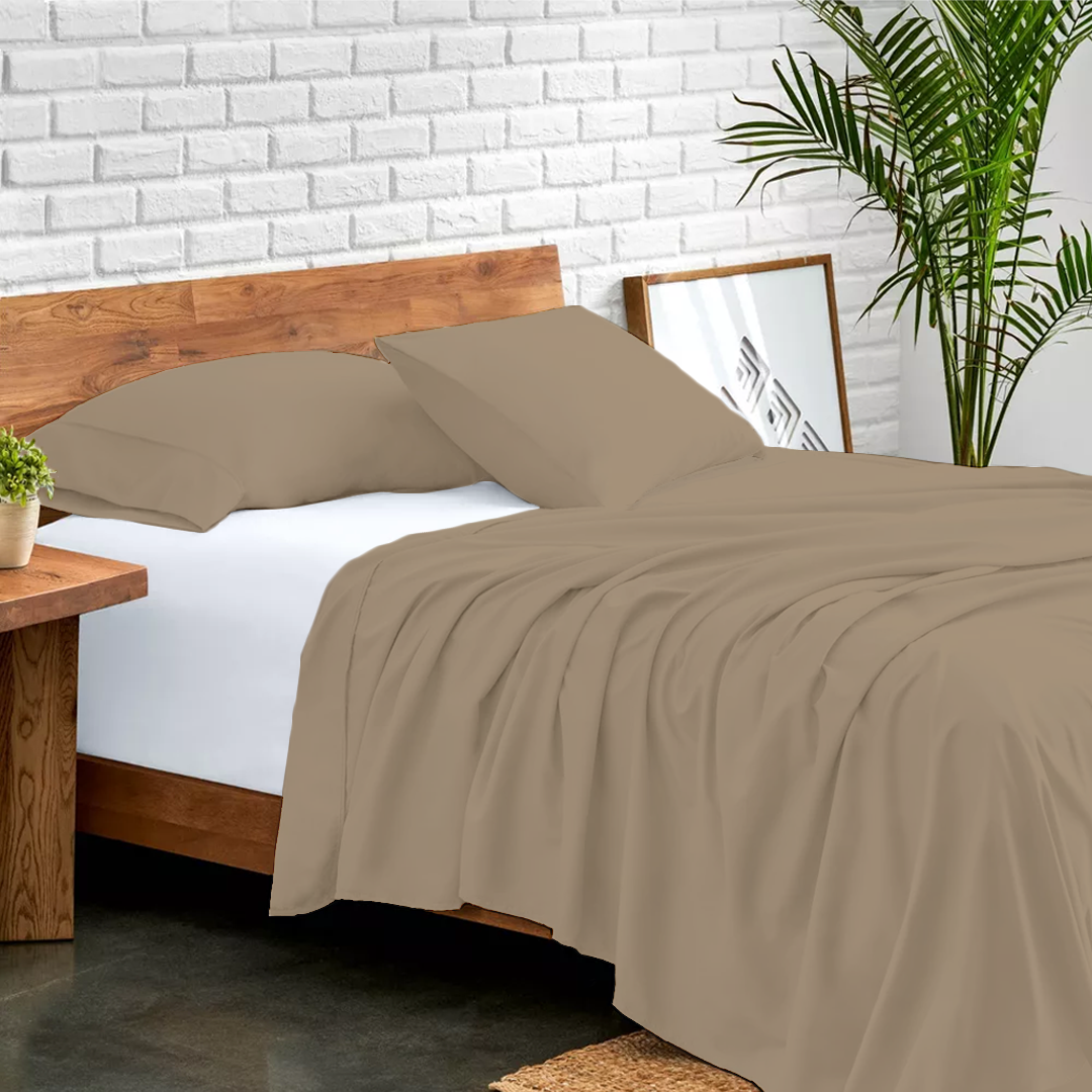 Taupe Flat Sheet with Pillowcase Bliss Solid Sateen