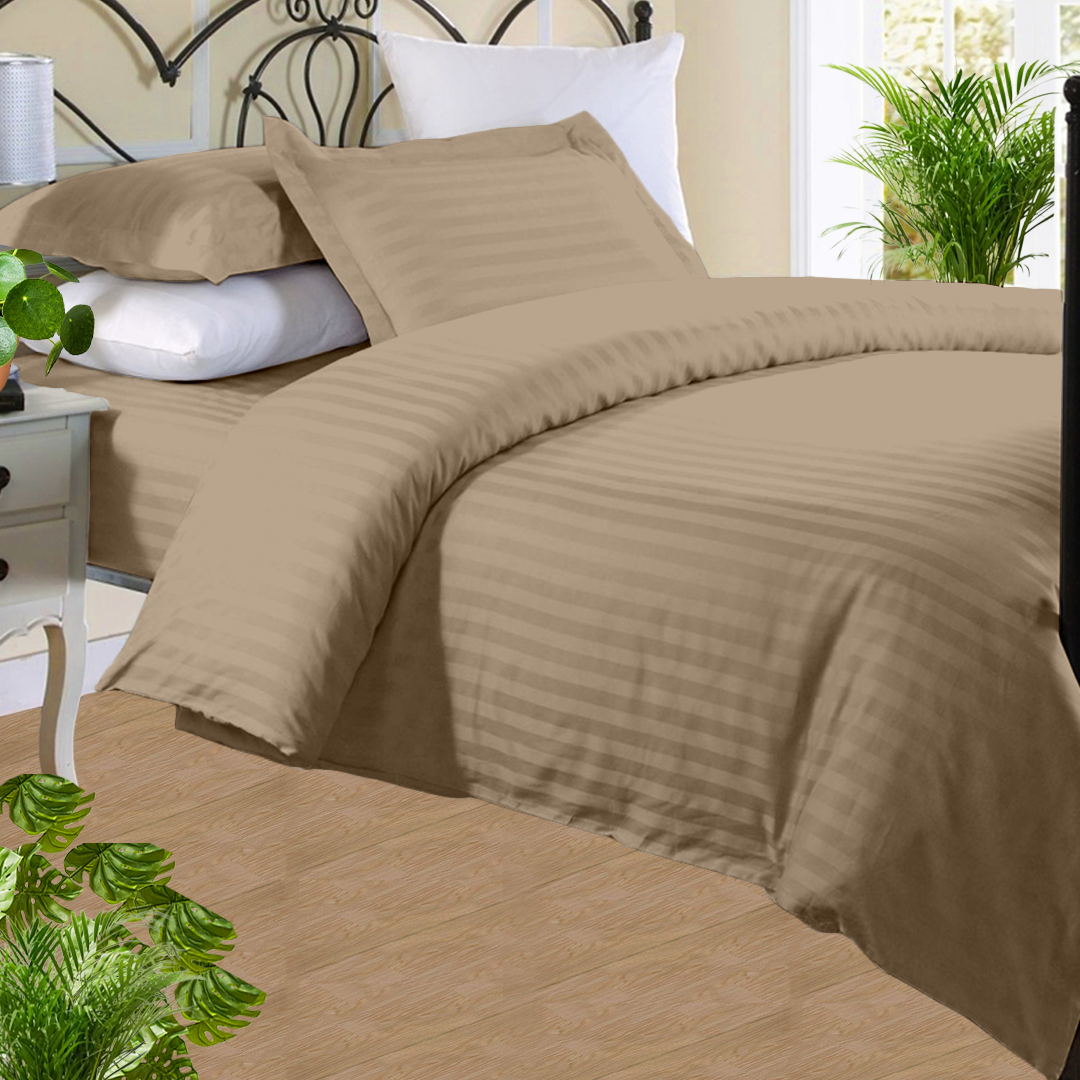 Taupe Stripe Duvet Cover Set with Fitted Sheet Sateen Comfy