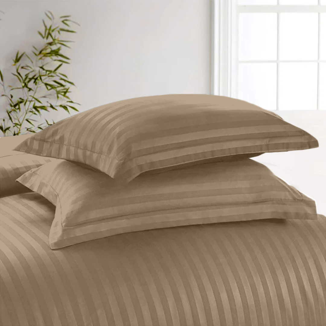 Taupe Stripe Duvet Cover Set with Fitted Sheet Sateen Comfy