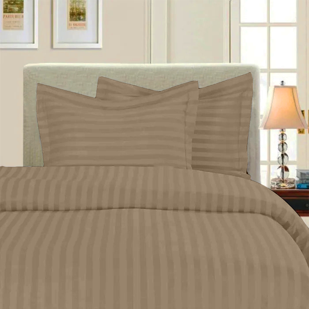 Taupe Stripe Duvet Cover Set with Fitted Sheet Sateen Comfy