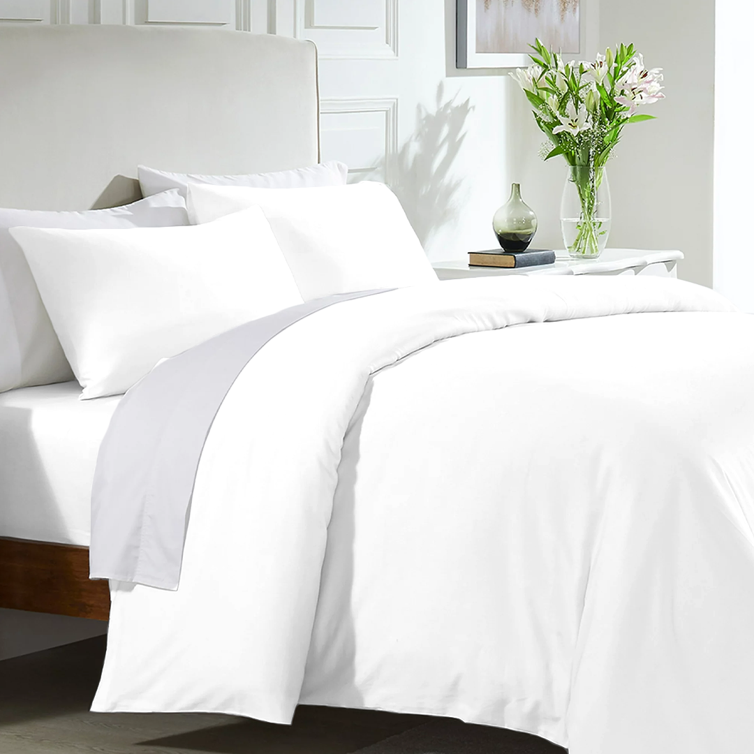 Bliss White Duvet Cover Set with Fitted Sheet Solid Sateen