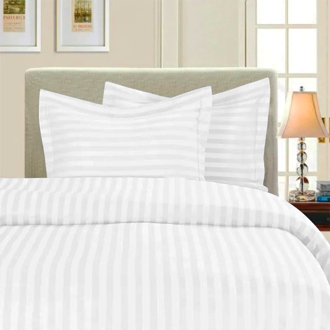 White Stripe Duvet Cover Set with Fitted Sheet Sateen Comfy