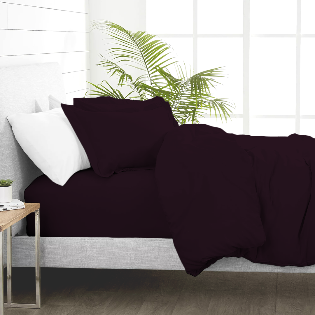 Solid Wine Duvet Cover Set with Fitted Sheet Comfy Sateen