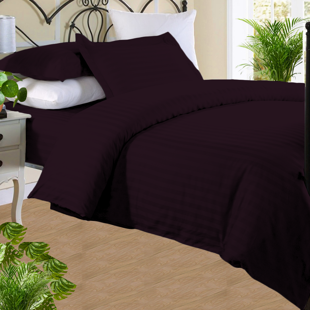 Wine Stripe Duvet Cover Set with Fitted Sheet Sateen Comfy