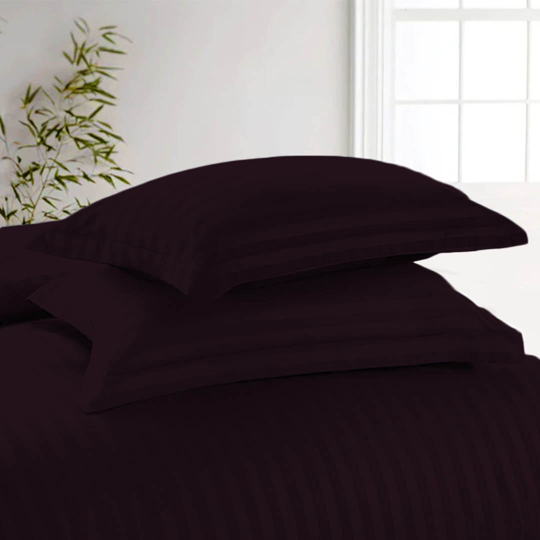 Wine Stripe Duvet Cover Set with Fitted Sheet Sateen Comfy