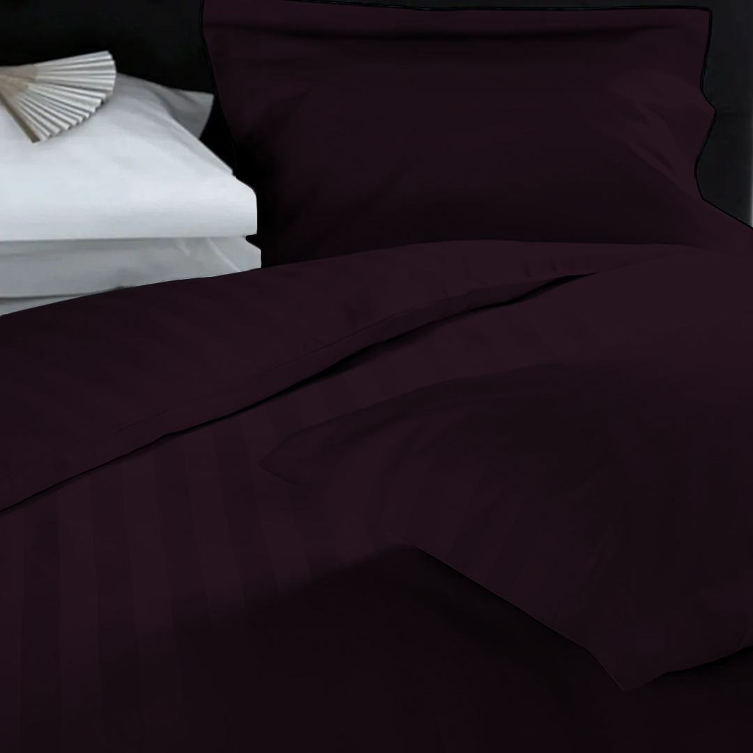 Wine Stripe Duvet Cover Set with Fitted Sheet Sateen Comfy