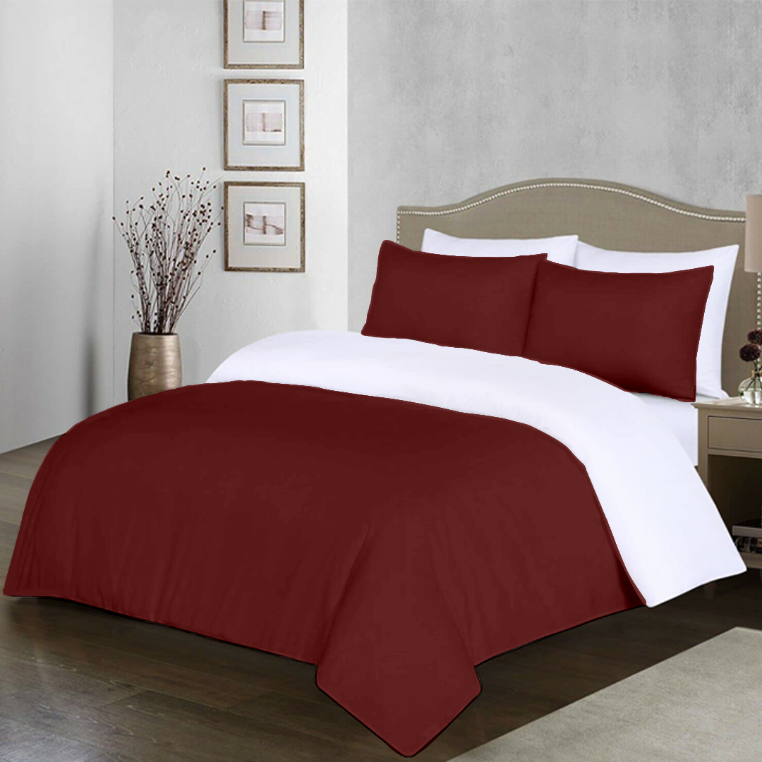 Burgundy and White Reversible Duvet Set Comfy Solid Sateen