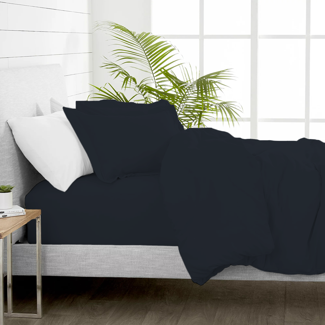 Solid Navy Blue Duvet Cover Set with Fitted Sheet Comfy