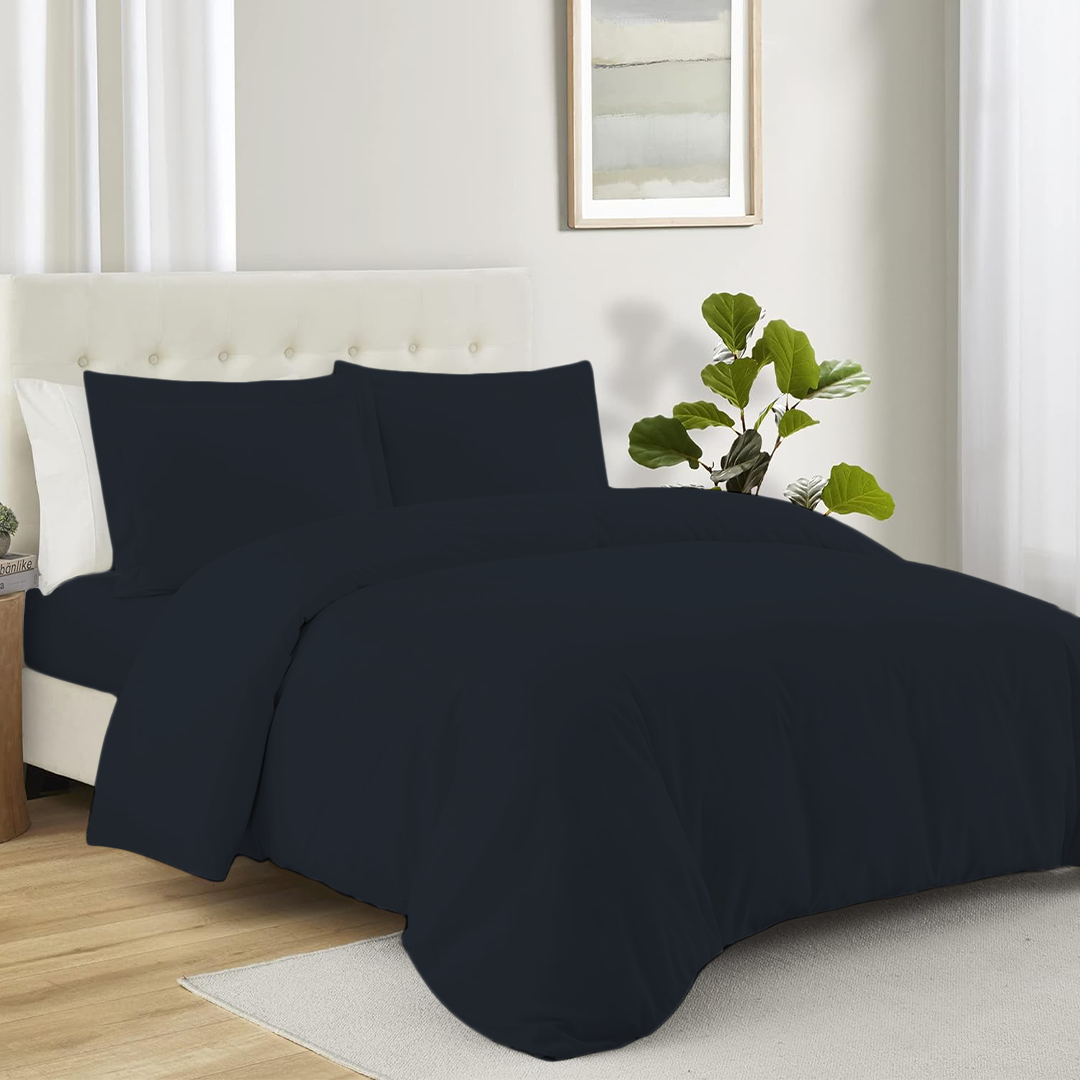 Solid Navy Blue Duvet Cover Set with Fitted Sheet Comfy