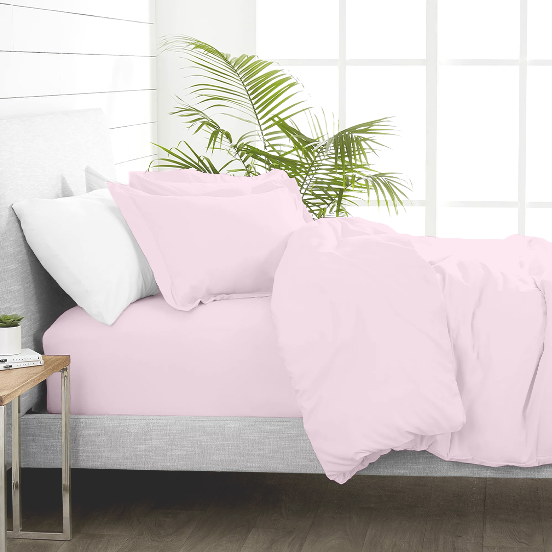 Pink Duvet Cover Set with Fitted Sheet Solid Comfy Sateen