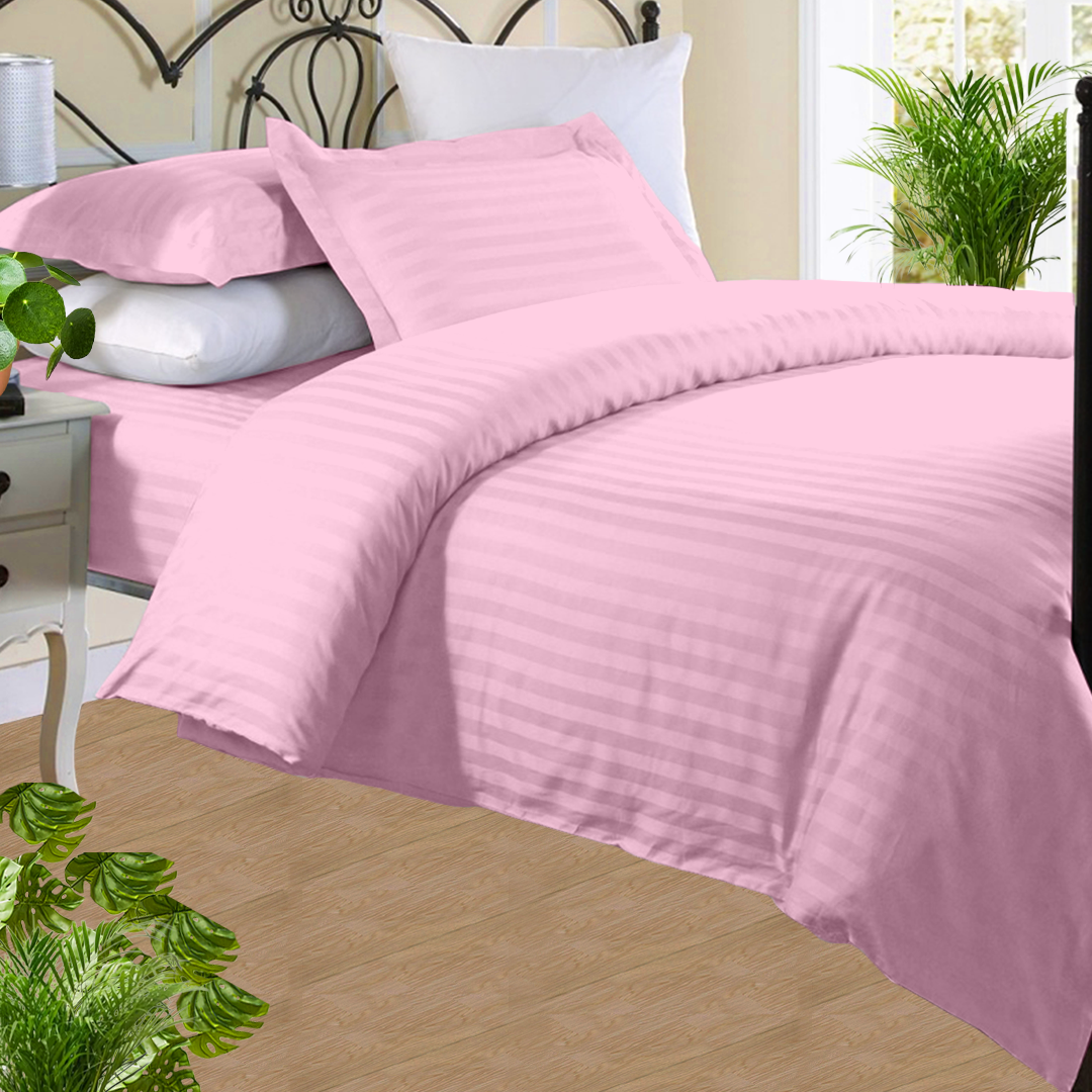 Pink Stripe Duvet Cover Set with Fitted Sheet Sateen Comfy