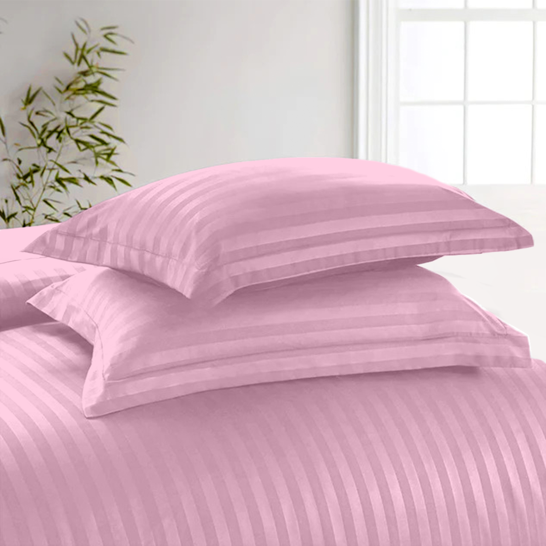 Pink Stripe Duvet Cover Set with Fitted Sheet Sateen Comfy