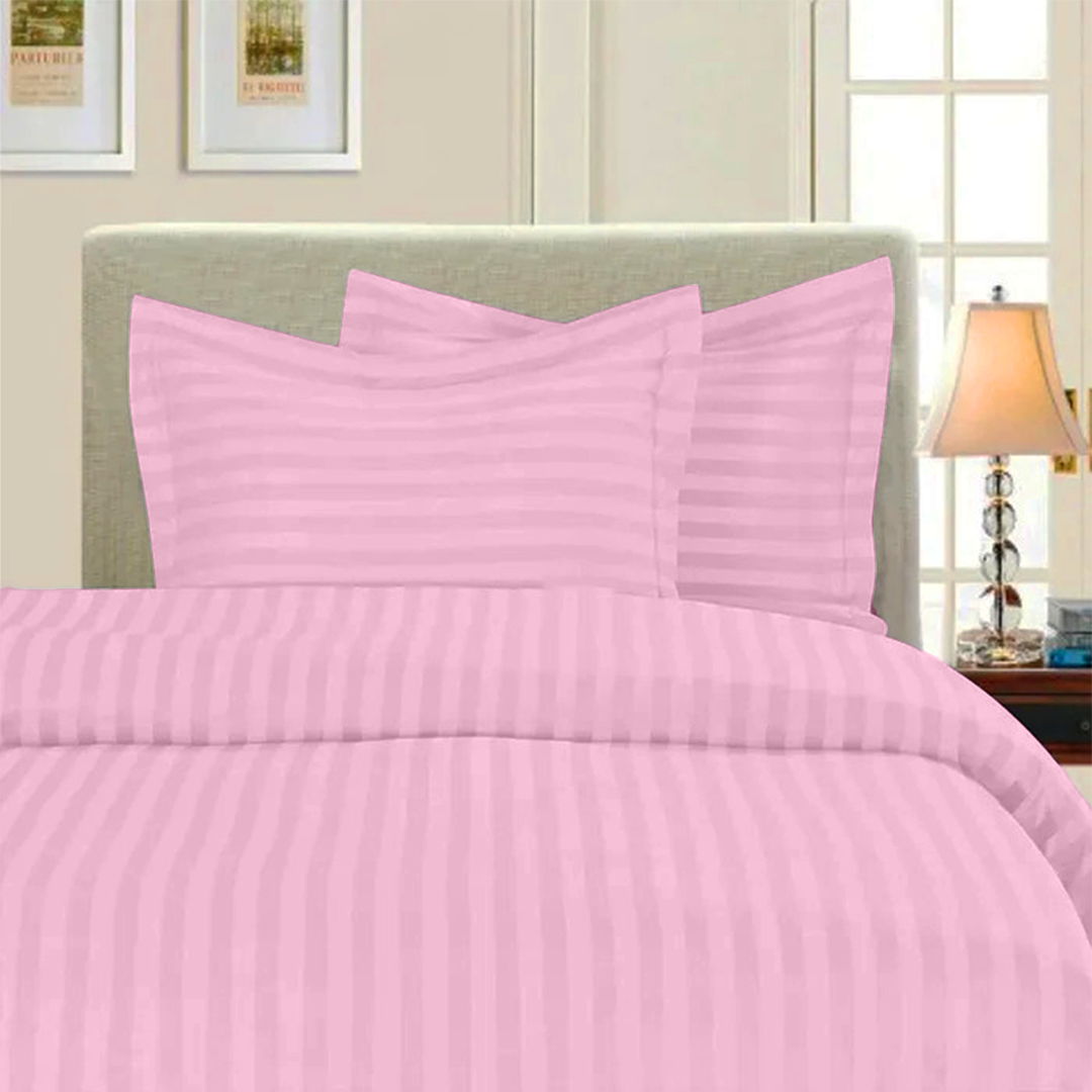 Pink Stripe Duvet Cover Set with Fitted Sheet Sateen Comfy